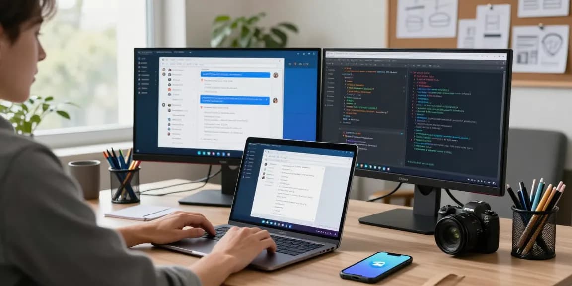 User interacting with the Telegram Web Version on a modern laptop in a bright office workspace, with digital gadgets around.