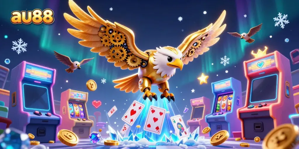 Experience thrilling gameplay at au88 with a dynamic 3D scene of cybernetic characters and vibrant casino elements.