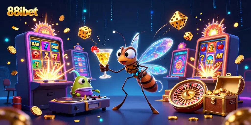 88ibet showcases an engaging casino mascot scene with vibrant elements of online gaming excitement.