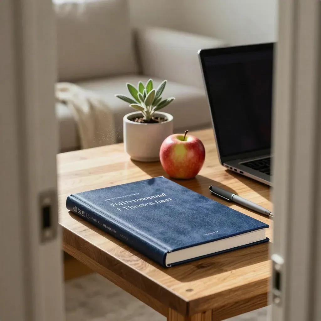 Stängd investeringsguide, laptop, äpple, planta och penna i ett soligt vardagsrum.