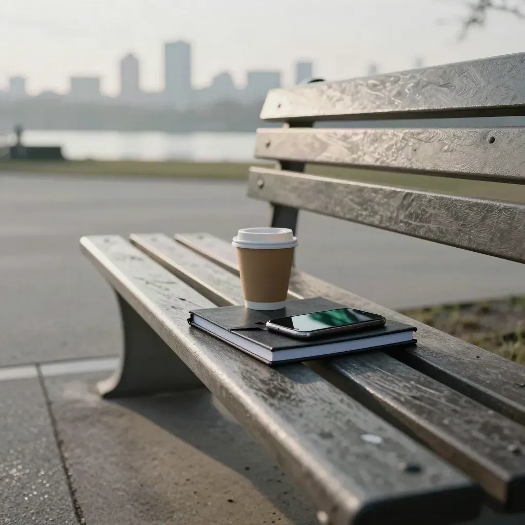 Tom parkbänk med stängd notebook, pappmugg och telefon mot morgonstad i haze.