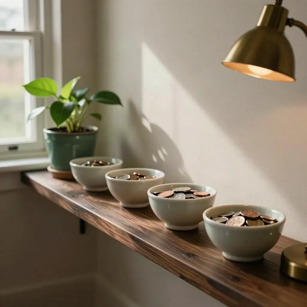 Fyra små myntskålar på en hylla med växt, varm lampglöd och solljus.