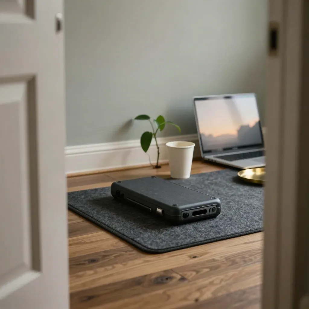 Mobilskal, kaffemugg, planta och laptop i ett hemmakontor i gryningsljus.