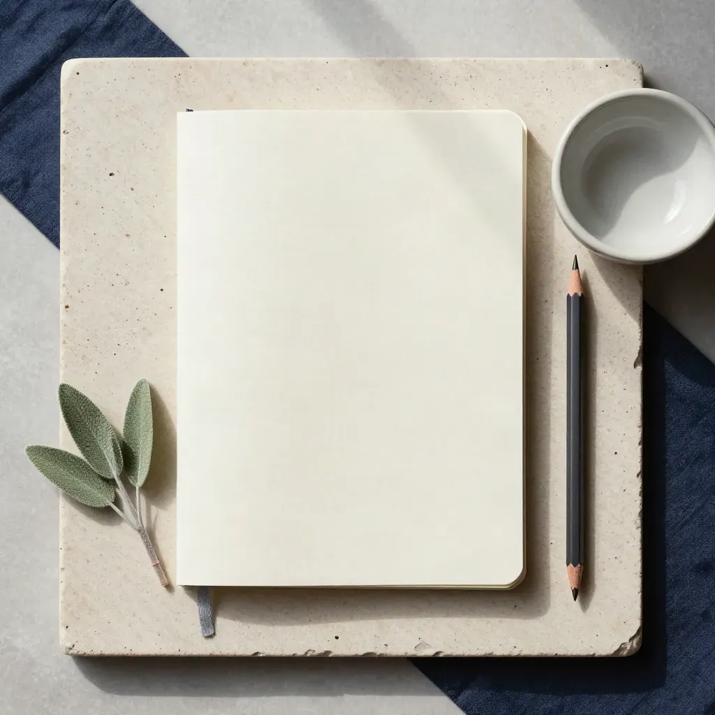 Krämfärgad notebook, blyertspenna, växtkvist och keramikskål på ljus sten.