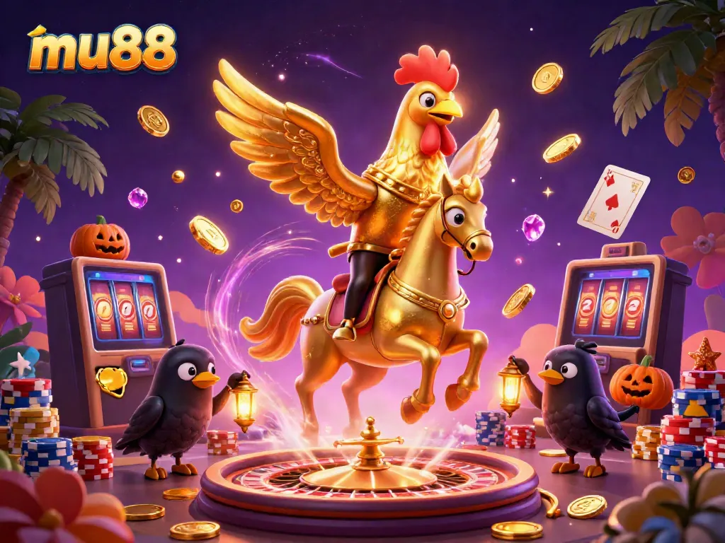 Experience thrilling gaming action at mu88 with a golden rooster headless horseman in a vibrant casino scene.