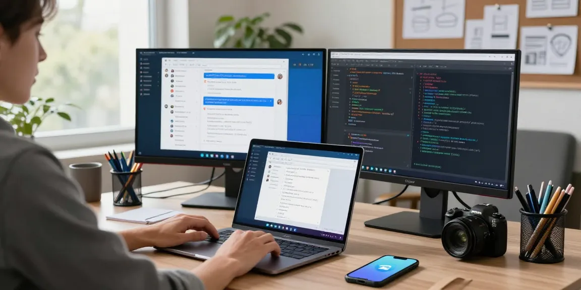 User interacting with the Telegram Web Version on a modern laptop in a bright office workspace, with digital gadgets around.