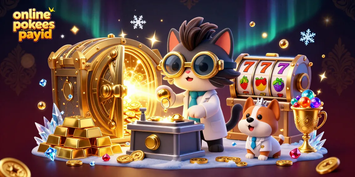 Engage with online pokies Australia PayID, featuring a cartoon mad scientist and assistant in a gold-rich casino scene.