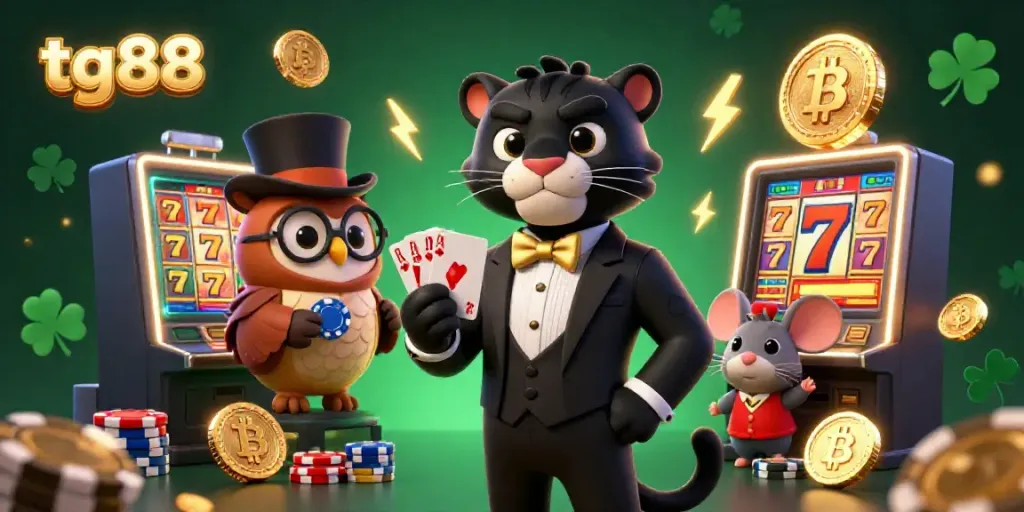 Experience thrilling gaming with tg88 in a vibrant 3D casino scene featuring unique characters and elements.