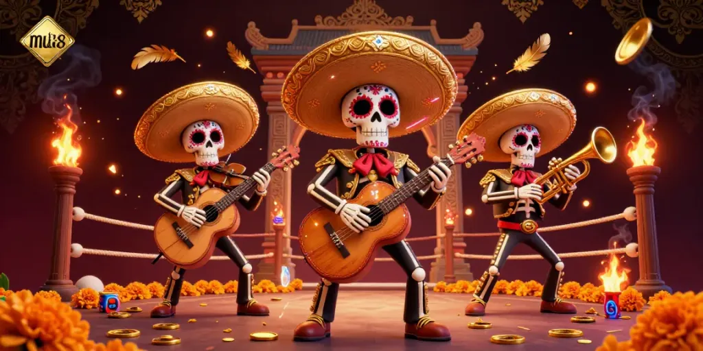 Experience the thrill of mu88 with a vibrant mariachi band surrounded by gold coins and festive elements.