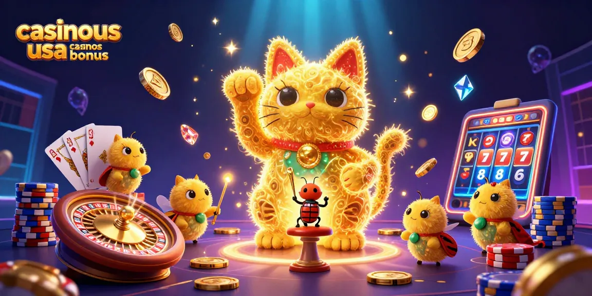 Experience the magic of casinous usa casinos bonus with lively visuals of a lucky cat and casino elements.