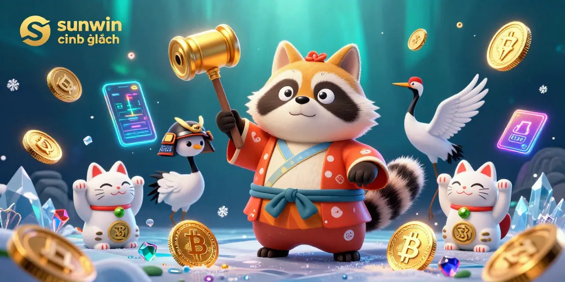 Experience the excitement of sunwin chính hãng with colorful maneki-neko and a cheerful tanuki at a vibrant casino